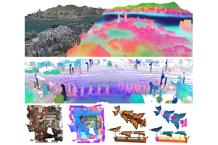 Utonia Figure 1: city, outdoor LiDAR, indoor and object point clouds with PCA-colored learned features